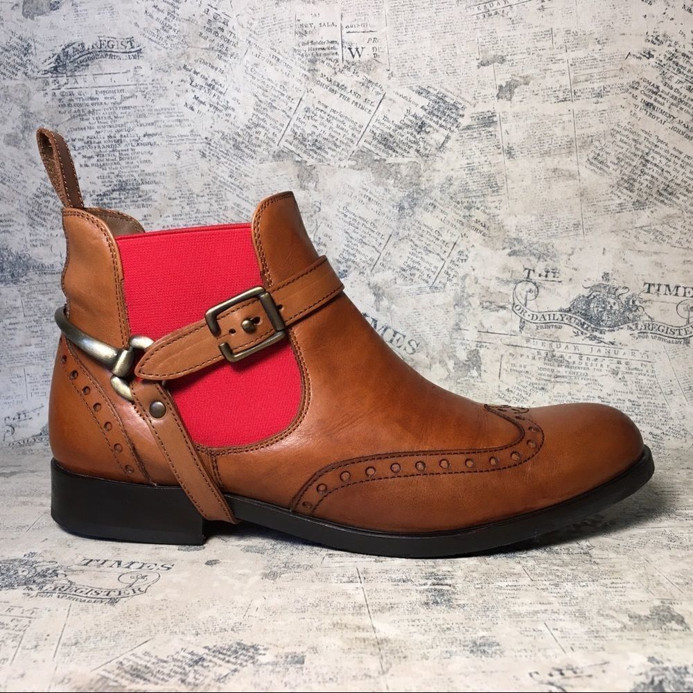 Pertini Spain Brown Leather Ankle Booties Red Elastic Chelsea Boots